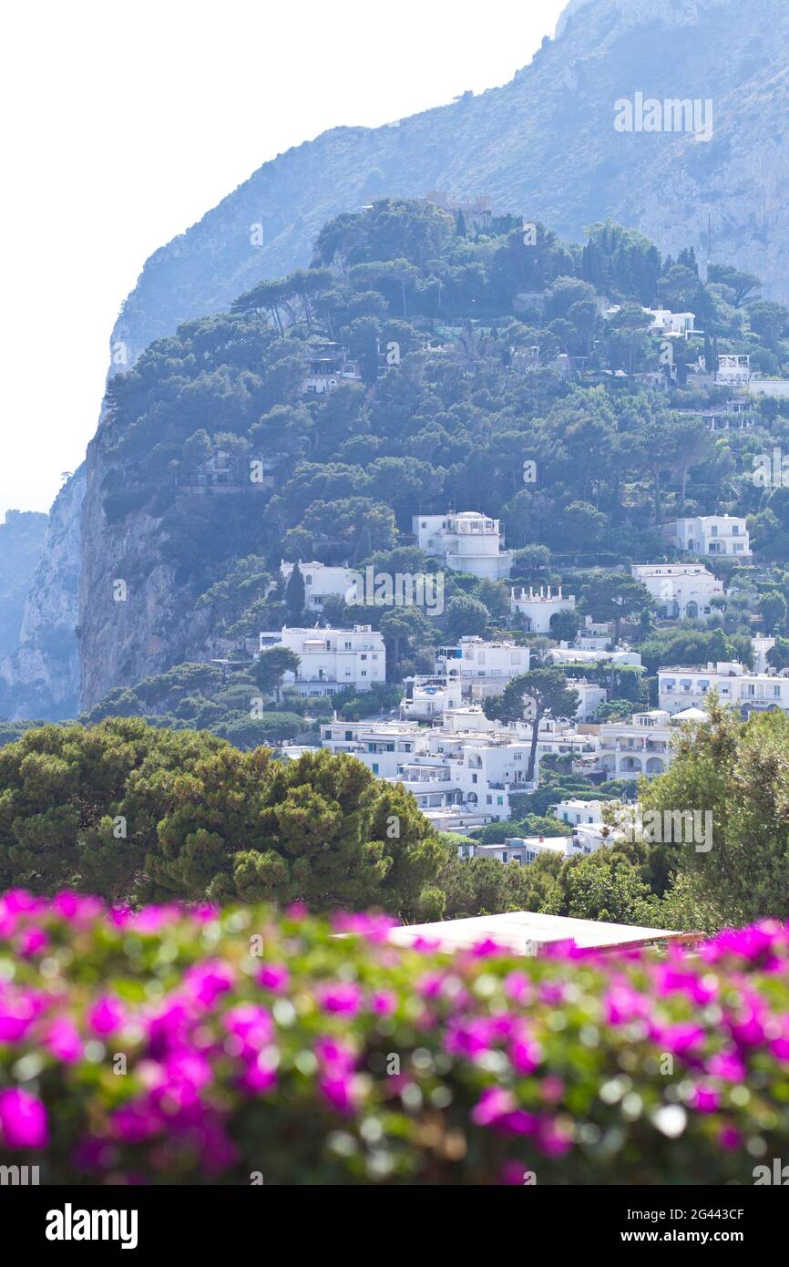 Vue sur la montagne et les maisons de l'intérieur des terres à Capri, Italie Banque D'Images