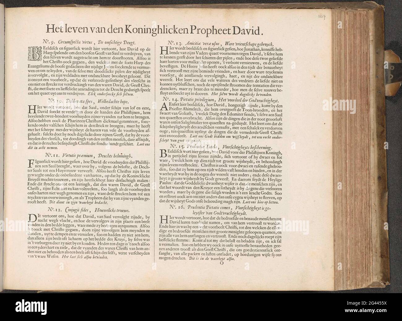 Huit explications pour des représentations sur la vie de David; la vie du Prophète Koninghlcken David; Den Grooten Emblemata Sacra, composé de plus de quatre cents par des figures de Belsche, aussi vieux que des Nieuwen Testamments. Huit explications dans les représentations sur la vie de David, étaient de neuf jusqu'à seize. Le texte prend avec une petite initiale décorée B. le magazine fait partie d'un album. Banque D'Images