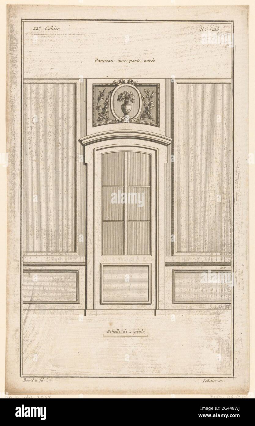 Porte et panneaux de verre; PANNEAU AVEC PORTE VITREE; panneaux et portes; 22ème Cahier. Décoration murale avec porte en verre et panneaux de chaque côté. Au sommet un panneau avec des fleurs dans un vase dans un médaillon ovale et des tendrils. Imprimer le numéro 128. Banque D'Images