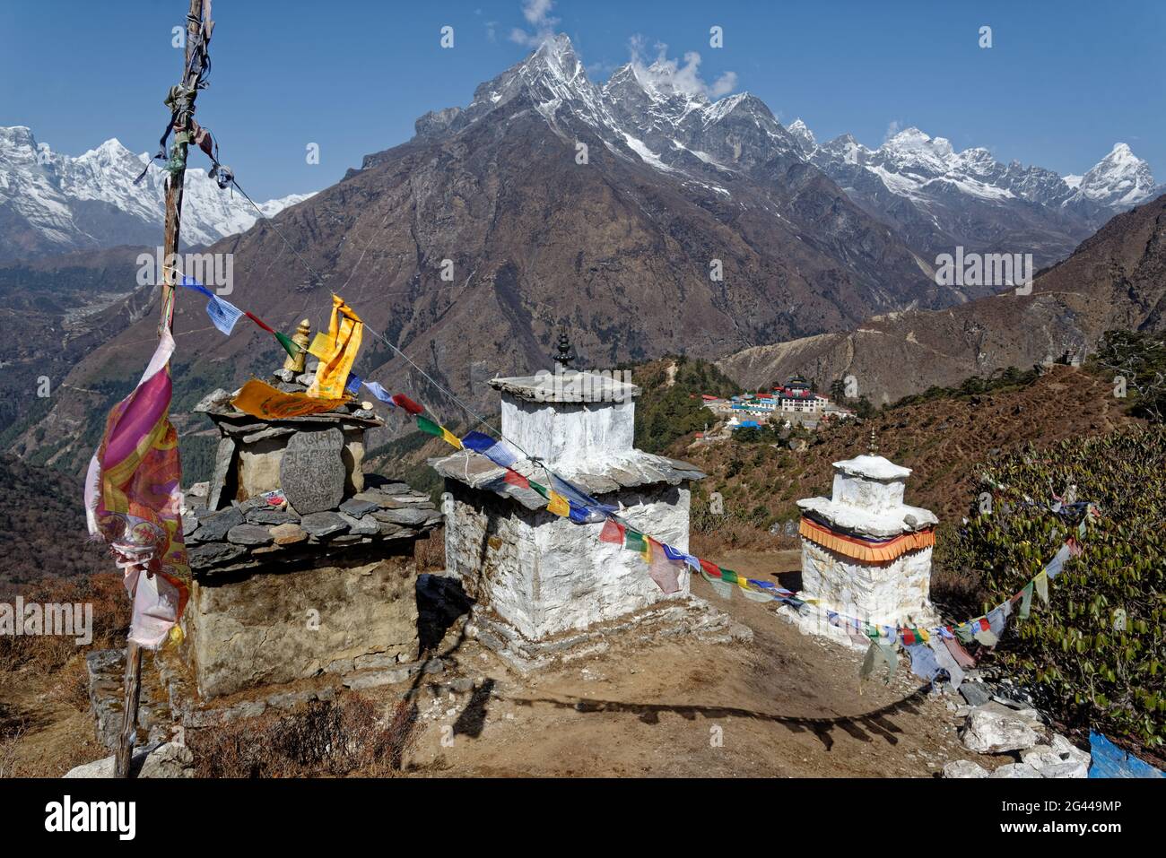 Vue sur le monastère de Tengboche à Upper Solo Khumbu, Népal, Himalaya, Asie. Banque D'Images Vue sur le monastère de Tengboche à Upper Solo Khumbu, Népal, Himalaya, Asie. Banque D'Images