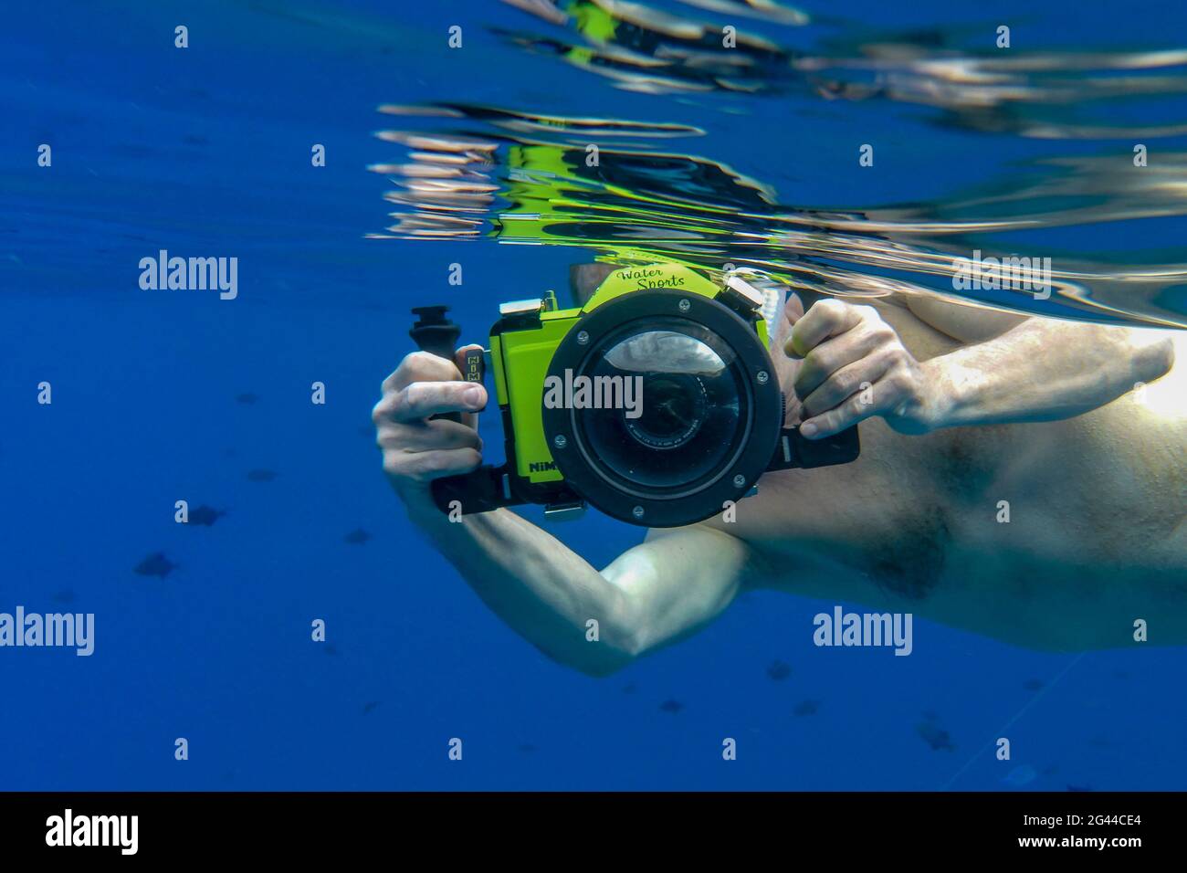 Prise de vue sous-marine de l'homme avec appareil photo Panasonic Lumix avec boîtier sous-marin tout en plongée libre dans le lagon de Bora Bora, Bora Bora, îles Leeward, FR Banque D'Images