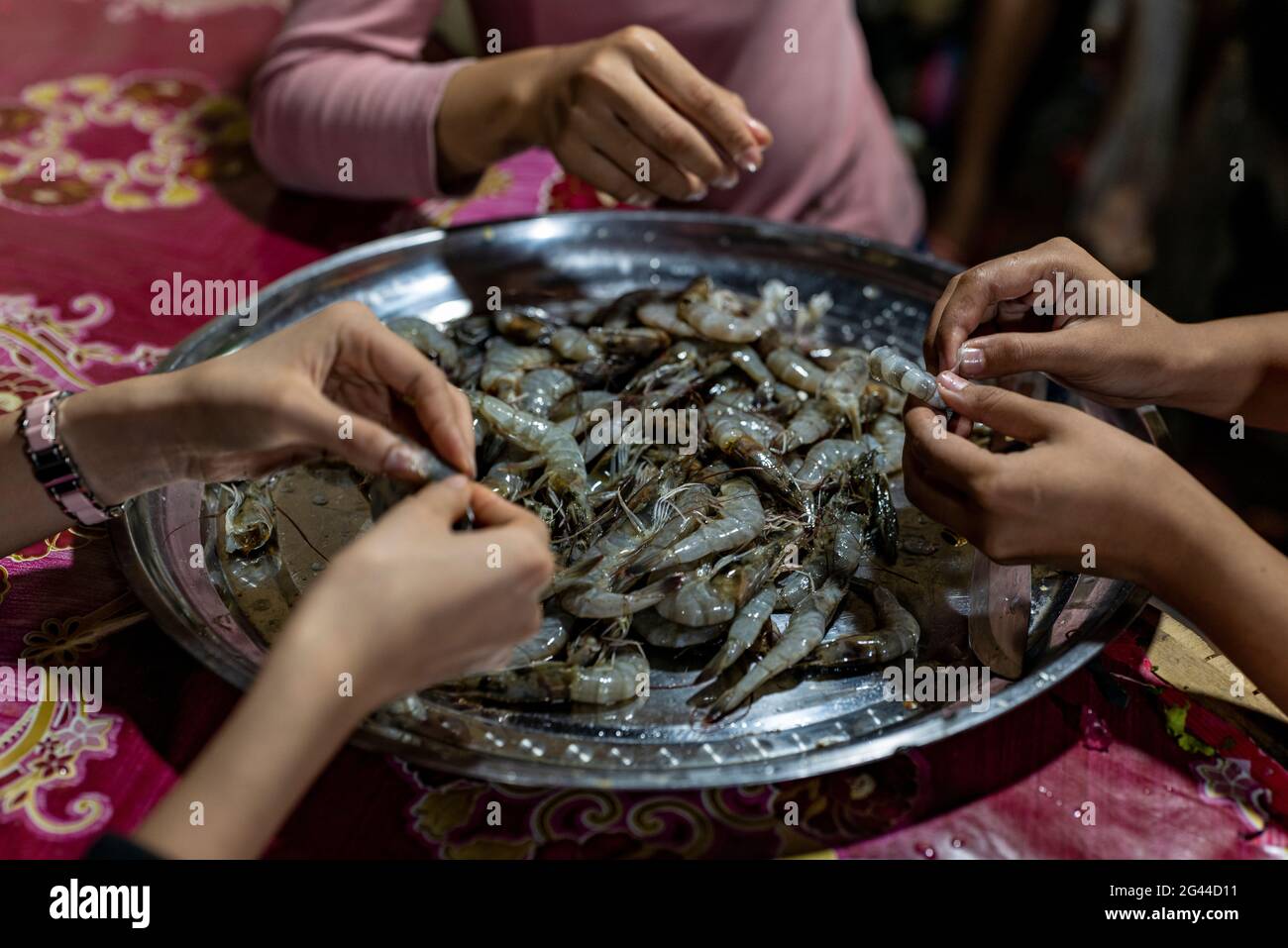 Mains de femmes épluchant les crevettes dans une stalle au marché de nuit, Luang Prabang, province de Luang Prabang, Laos, Asie Banque D'Images