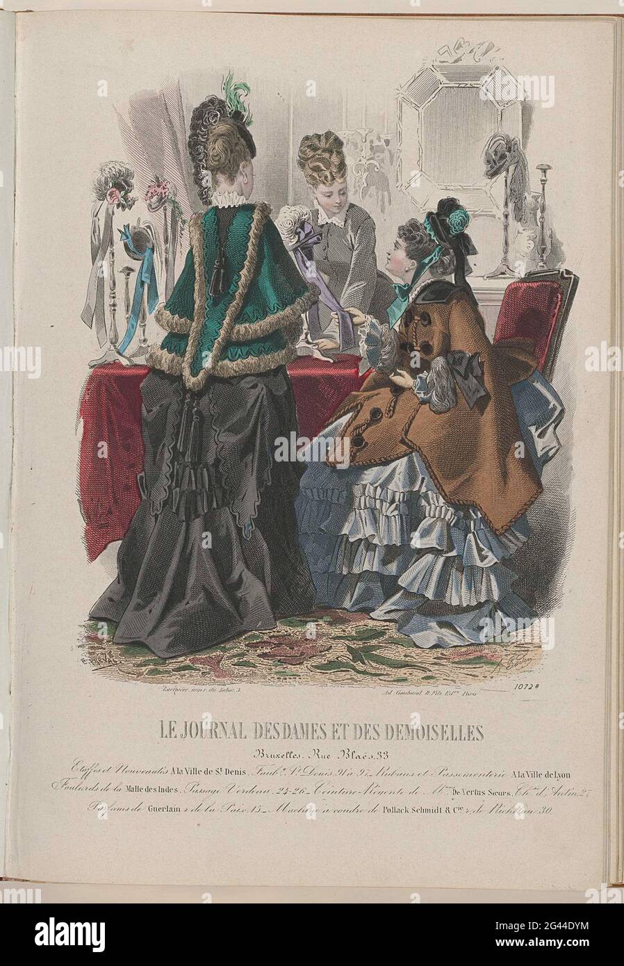 Journal des Dames et des Demoiselles, 15 novembre 1872, n° 1072b. Deux dames  dans une boutique de chapeaux. Sur la gauche, un Jap de soie noire, vu sur  le dos, sur lequel