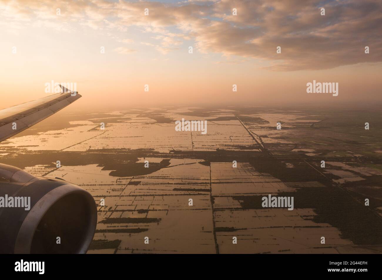 Vue aérienne depuis l'aile d'un avion Airbus A-320 de Vietnam Airlines surplombant les champs inondés au coucher du soleil, près de Siem Reap, province de Siem Reap, Cambodge, Banque D'Images