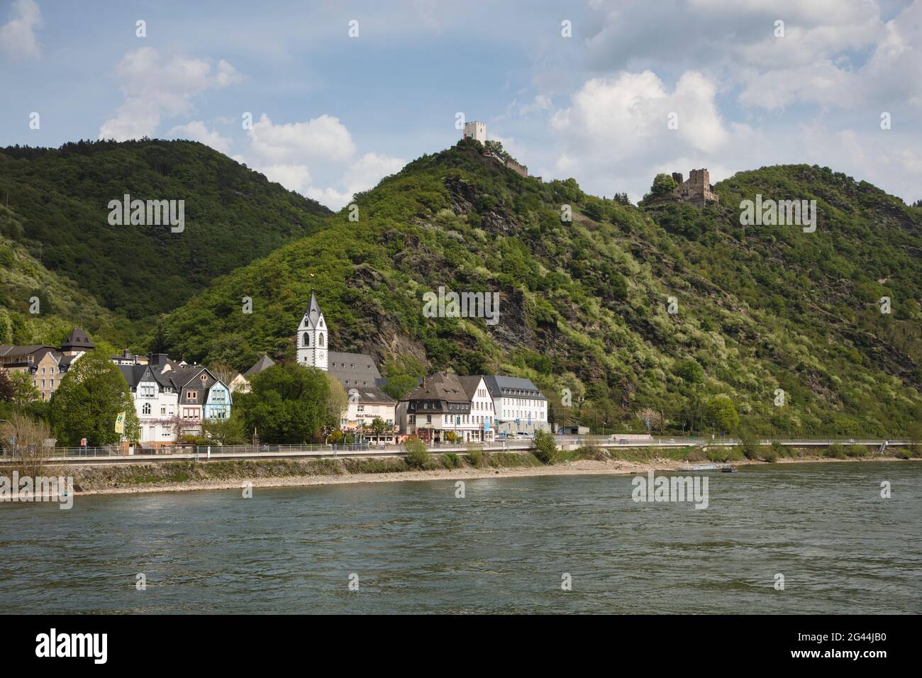 Le château de Sterrenberg et le château de Liebenstein sont entronés au-dessus du Rhin, Kamp Bornhofen, Rhénanie-Palatinat, Allemagne, Europe Banque D'Images