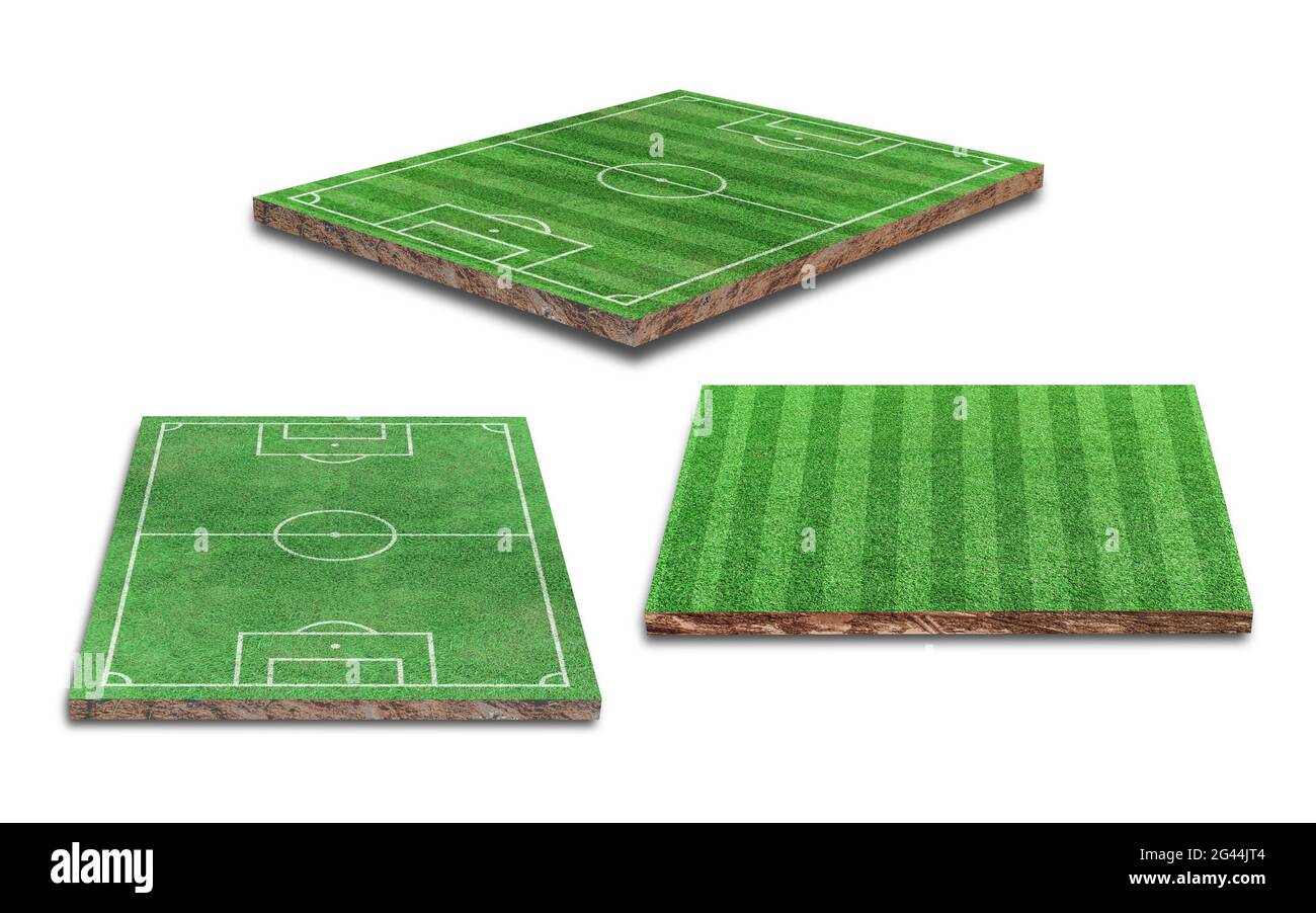 Rendu 3D. Collection de terrain de football à herbe verte isolée sur fond blanc. Perspective différente Banque D'Images