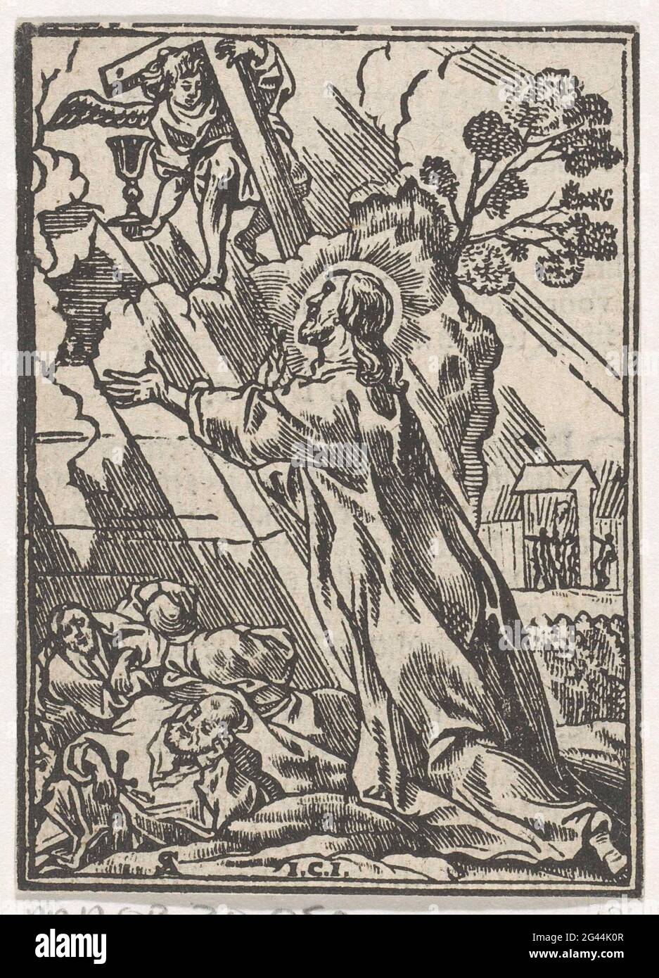 Christ dans le Hof van Getsemane. Christ prie dans la cour de Getsemane et demande à Dieu si cette coupe peut passer. Un ange lui présente la croix et la coupe. En plus de lui, Petrus, Johannes et Jacobus. En arrière-plan, Judas mène un groupe de soldats à travers la porte intérieure. Banque D'Images