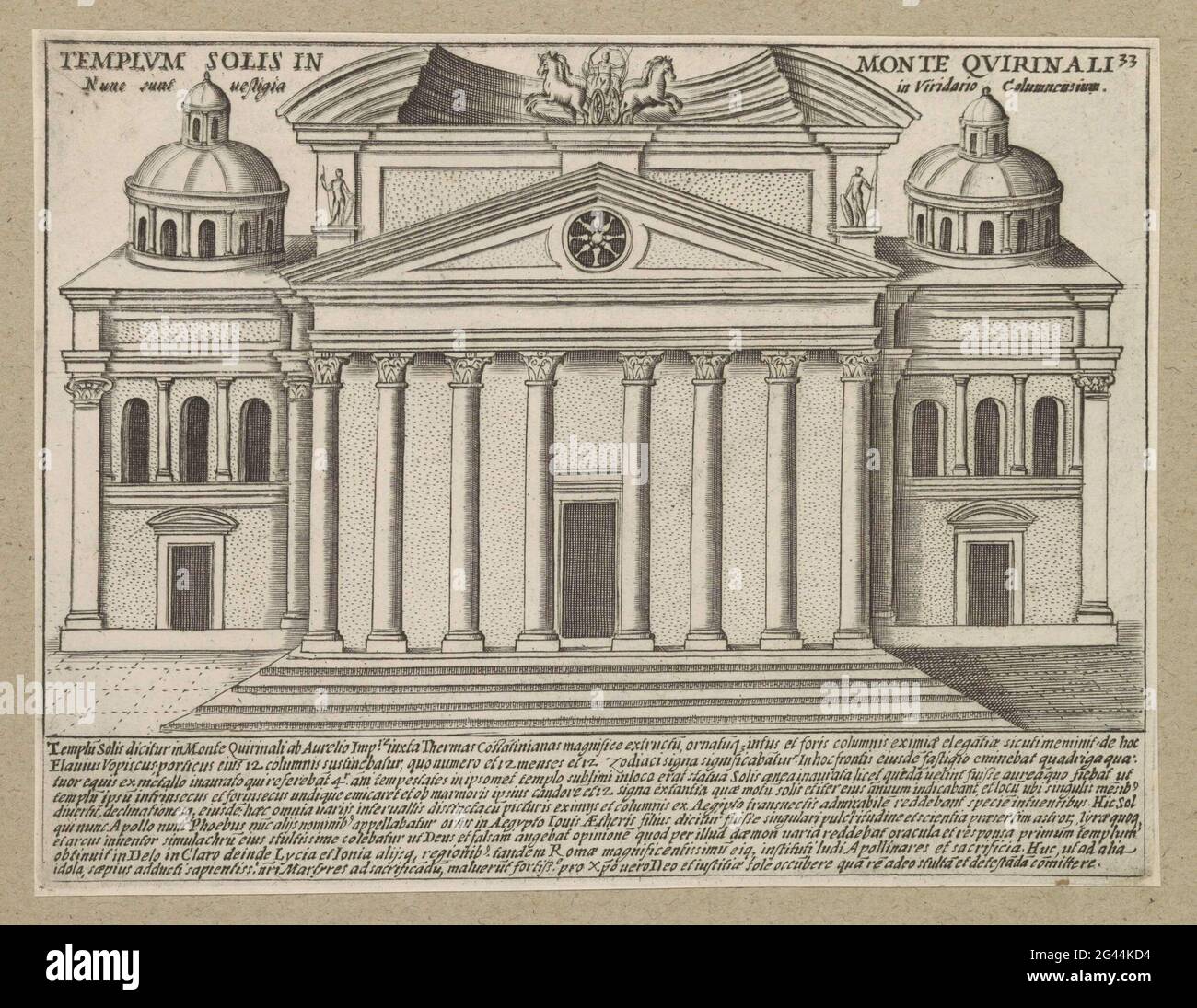 Tempio del Sole à Rome; Templum solis à Monte Quirinali; monuments anciens; splendeur des Antiquae Urbis. Texte en latin dans undermarge. Numéroté en haut à droite : 33. L'impression fait partie d'un album. Banque D'Images