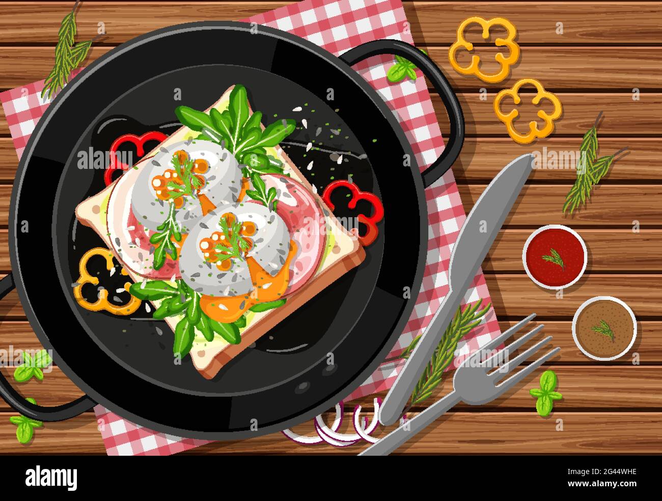 Brunch ou plat de petit-déjeuner dans le style de dessin animé sur l'illustration de la table Illustration de Vecteur