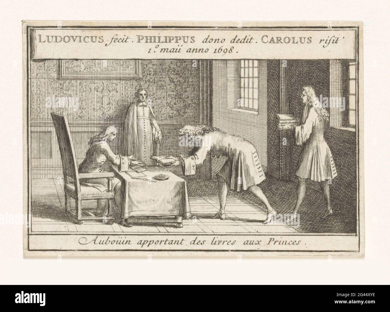 Aubouin offre au duc de Bourgogne un livre, Aubouin Appartement des livres aux Princes. Lorsqu'il offre un livre à Louis de Bourgogne, le libraire Abouin fait un soi-disant arc profond que le duc ne parvient pas à s'attaquer au livre. Cette hilarité de ses plus jeunes frères, Philips d'Anjou et Karel van Berry. Banque D'Images