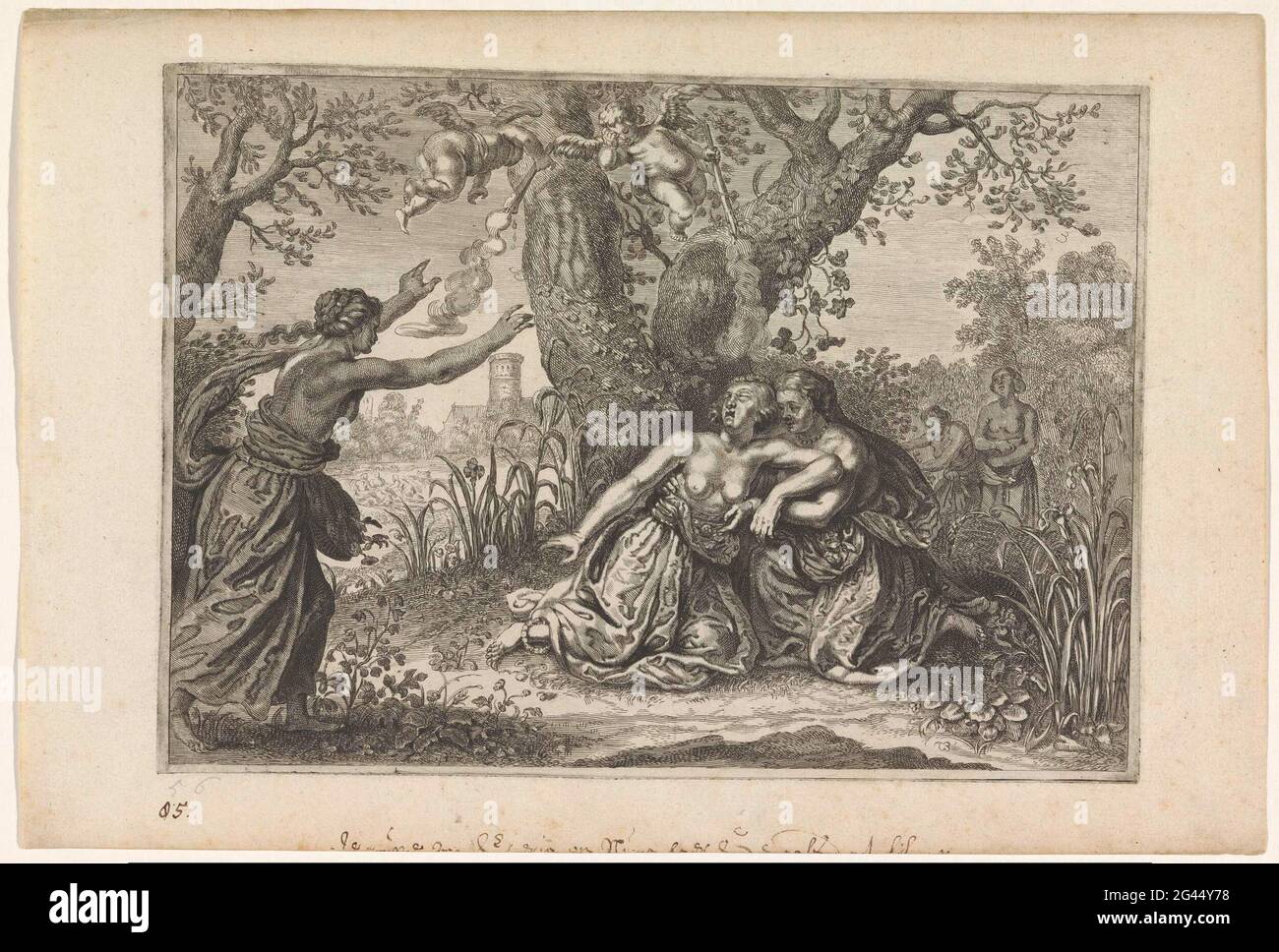 Egeria pleure la mort de Numa Pompilius; Metamorphoses d'Ovid. La Nymph Egeria grandit la mort de son mari Numa Pompilius. D'autres nymphes tentent de la réconforter en vain, après quoi elle change dans une source. Banque D'Images