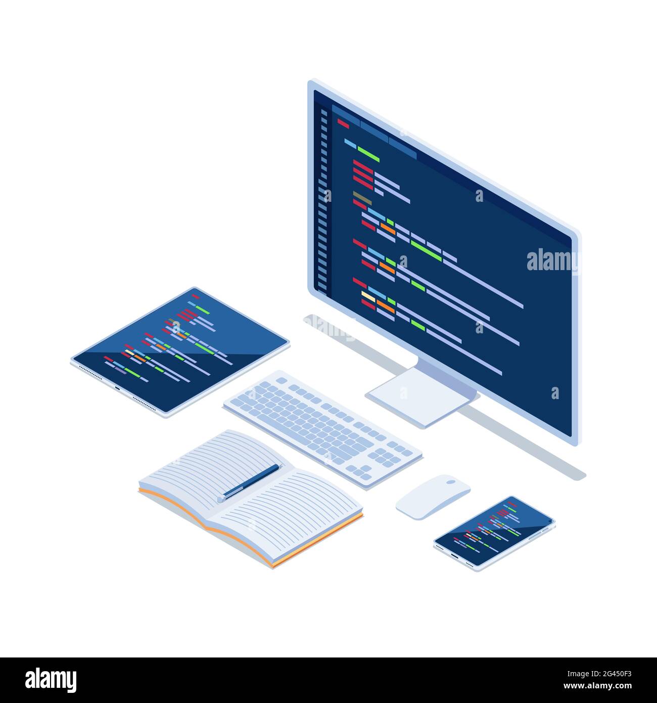 Flat 3d Isométrique code d'ordinateur sur le moniteur smartphone et tablette développer le site Web multi plate-forme. Conception de site Web développement Code programmation Concep Illustration de Vecteur