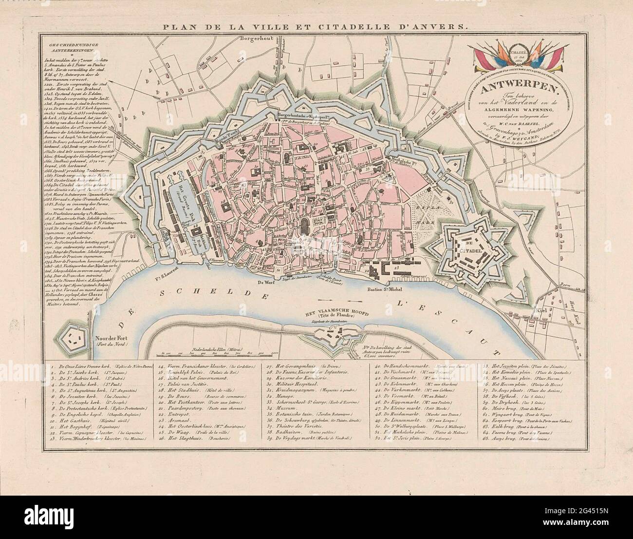 Plan d'Anvers avec la Citadelle, 1831; Plan de la ville et Citadelle d'Anvers. Carte de la ville d'Anvers, avec la citadelle de droite, 1831. Liens une liste des événements les plus importants de la ville, au bas de la Legenda 1-65. En haut à droite, une cartouche avec l'inscription "pour le bénéfice de la patrie et du renforcement général ...", et "Chassé. 27 1830 octobre. Banque D'Images