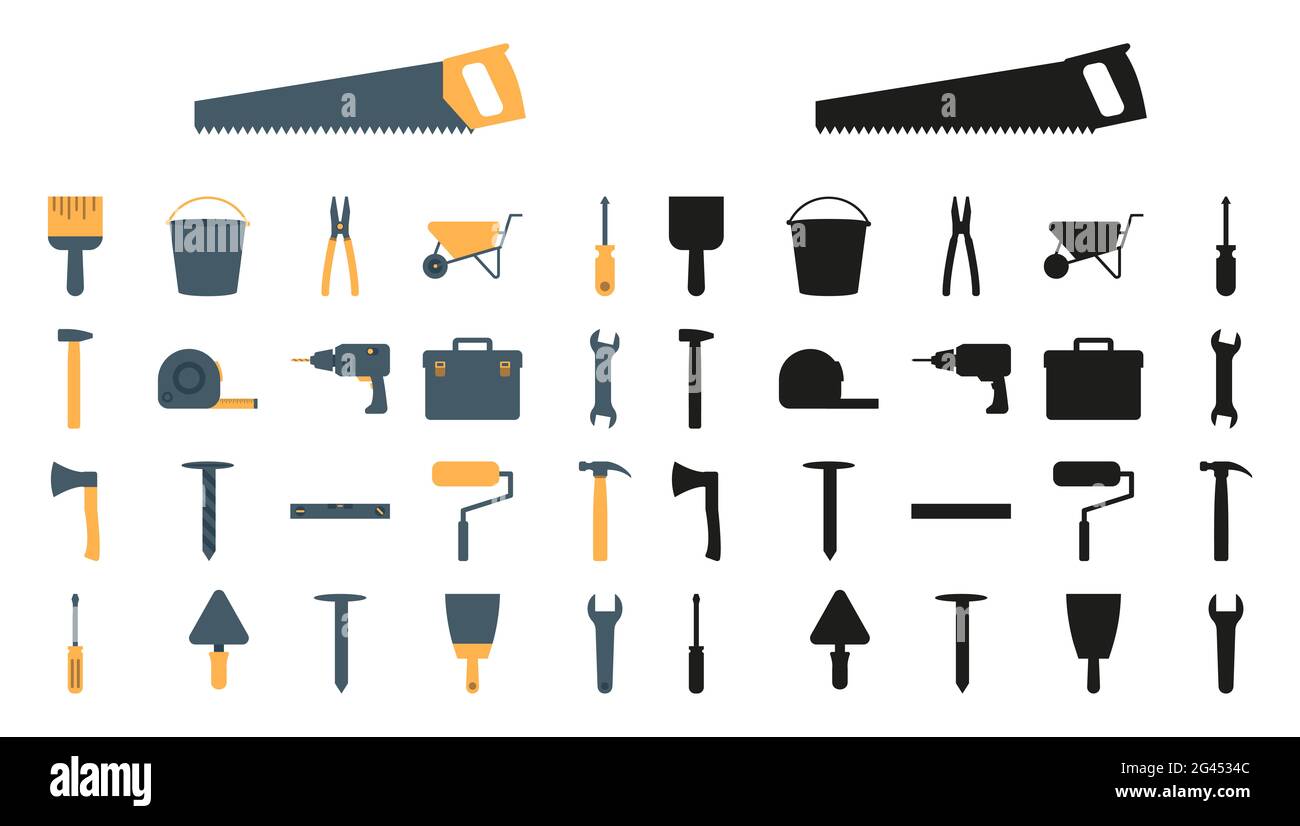Un ensemble d'outils de construction de style plat et de silhouettes. Illustration vectorielle du marteau, du foret, de la pince, de la clé et de la boîte à outils. Banque D'Images