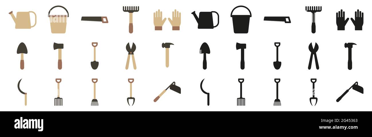 Un ensemble d'outils de jardin dans un style plat et des silhouettes. Illustration vectorielle d'un râteau, de gants, d'une pelle, d'un sécateur et d'un arrosoir. Banque D'Images