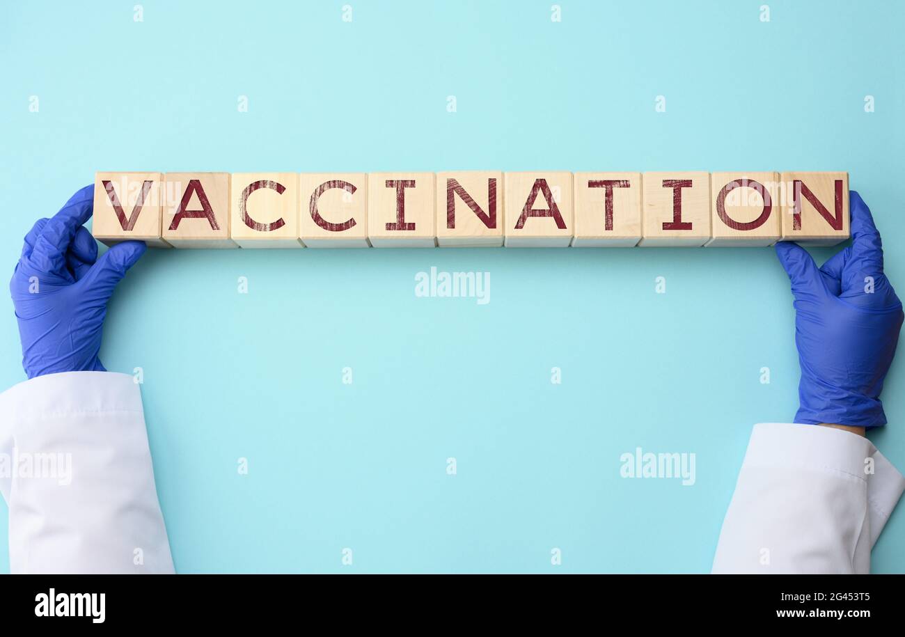 Les mains du médecin dans des gants en latex bleu tiennent les cubes avec l'inscription vaccination sur un fond bleu Banque D'Images