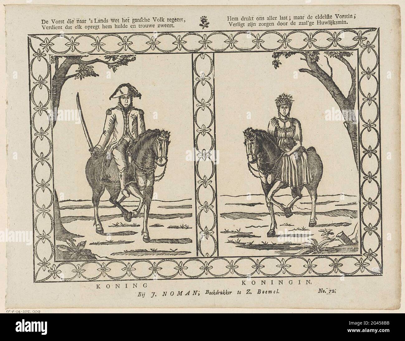 De Vorst qui gouverne à la loi du pays le peuple Gansche / mérite que chacun a gouverné à lui l'honneur et les larmes loyales. / il s'exprime; mais le prince le plus noble, / fournit ses préoccupations par le biais de la santé de la salle. Feuille avec 2 performances. Sur la gauche, un portrait de la crête de Lodewijk Napoleon Bonaparte, appelé Willem i Frederik. Sur la droite, un portrait de Hortense Eugénie de Beauharnais, ici appelé Wilhelmina van Prussen. Les performances sont capturées dans un cadre décoratif. Sous les deux images une légende. Numéro en haut à droite : N° 72. Banque D'Images