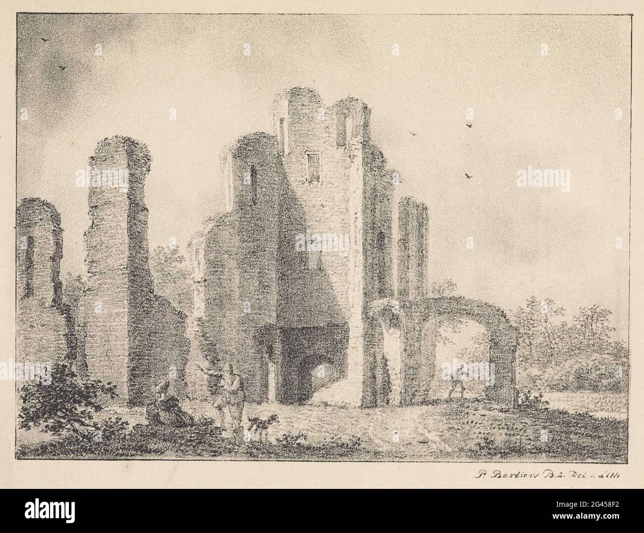 Paysage avec ruine et figures. Avant gauche est une femme sur le sol ...