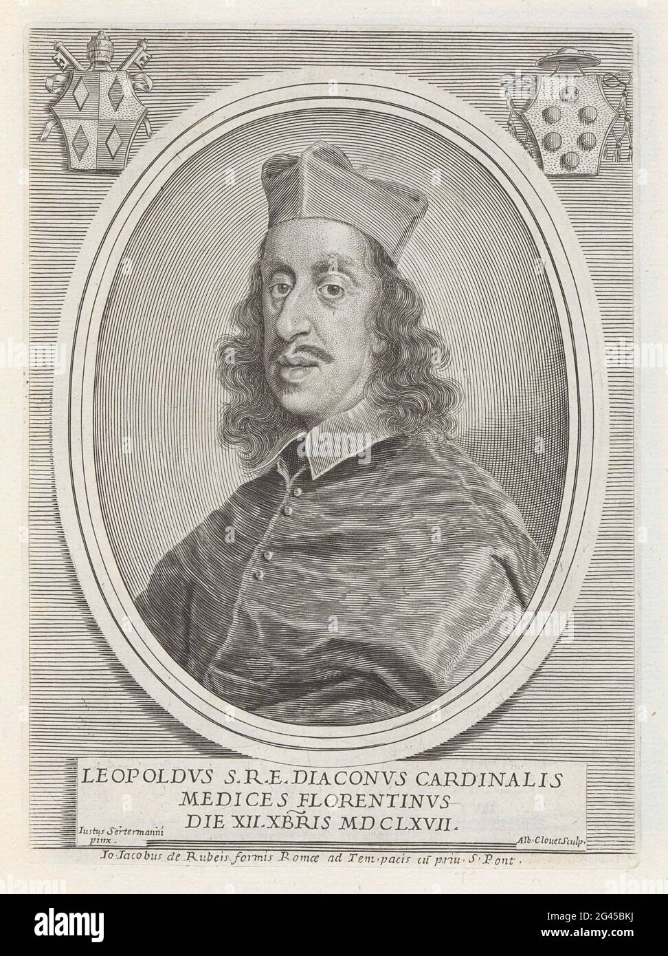 Portrait du cardinal leopoldo le «medici; effigies Nomina et Cognomina S.D.N. Alexandri Daddy VII et RR. JJ. SRE. Carte (...) .. Portrait du Cardinal Leopoldo de Medici. En haut à gauche, les armoiries du Pape Clemens IX et en haut à droite, l'arme du cardinal. Au bas d'une légende en latin. L'impression fait partie d'un album. Banque D'Images