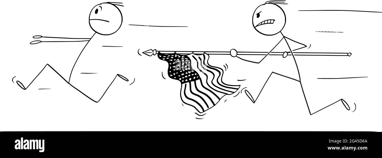 Homme avec USA ou US Flag Chasing Running Man, États-Unis d'Amérique, illustration de la figure de bâton de dessin vectoriel Illustration de Vecteur