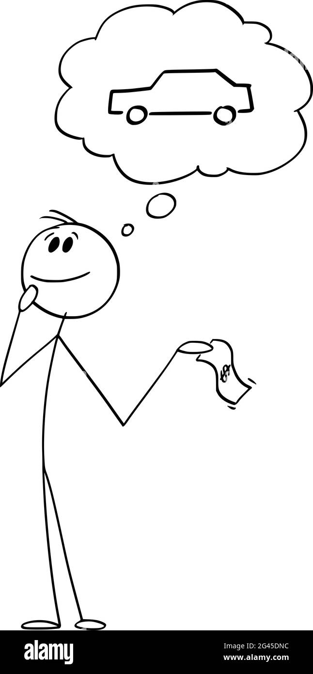 Personne tenant un projet de loi en devise pensant à l'achat d'une voiture, un bâton de dessin animé Illustration Illustration de Vecteur