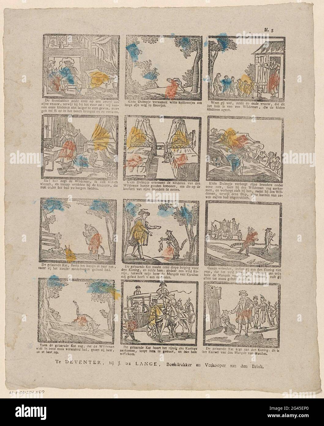 Petit pouce et le chat amorcé. Feuille avec 12 représentations. Plus de six représentations du conte de fées Klein Duimpje. Moins de six représentations du conte de fées de la chaussure. Sous chaque image une légende. Numéro en haut à droite : N. 5. Banque D'Images