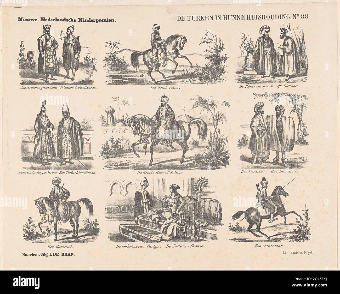 Les Turcs dans leur foyer; les nouveaux enfants hollandais imprime. Feuille avec 9 représentations de Turcs. Sous chaque image une légende. Numéro en haut à droite : N° 88. Banque D'Images