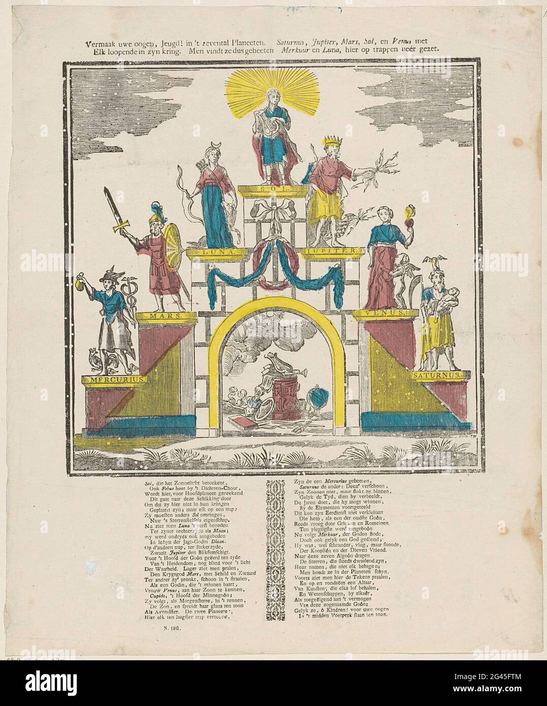 Divertissez-vous les yeux, les jeunes! dans sept planètes. / chaque course dans son cercle. Ils le trouvent donc (...)]. Feuille avec une grande représentation d'un escalier avec sept corps célestes : Marcuius, Mars, Luna, sol, Jupiter, Vénus et Saturne. Sous les escaliers un arc avec une représentation des attributs symboliques, y compris une harpe et un livre. Sous la, affichez un verset dans deux colonnes. Numéro en bas à gauche : N. 186. Banque D'Images