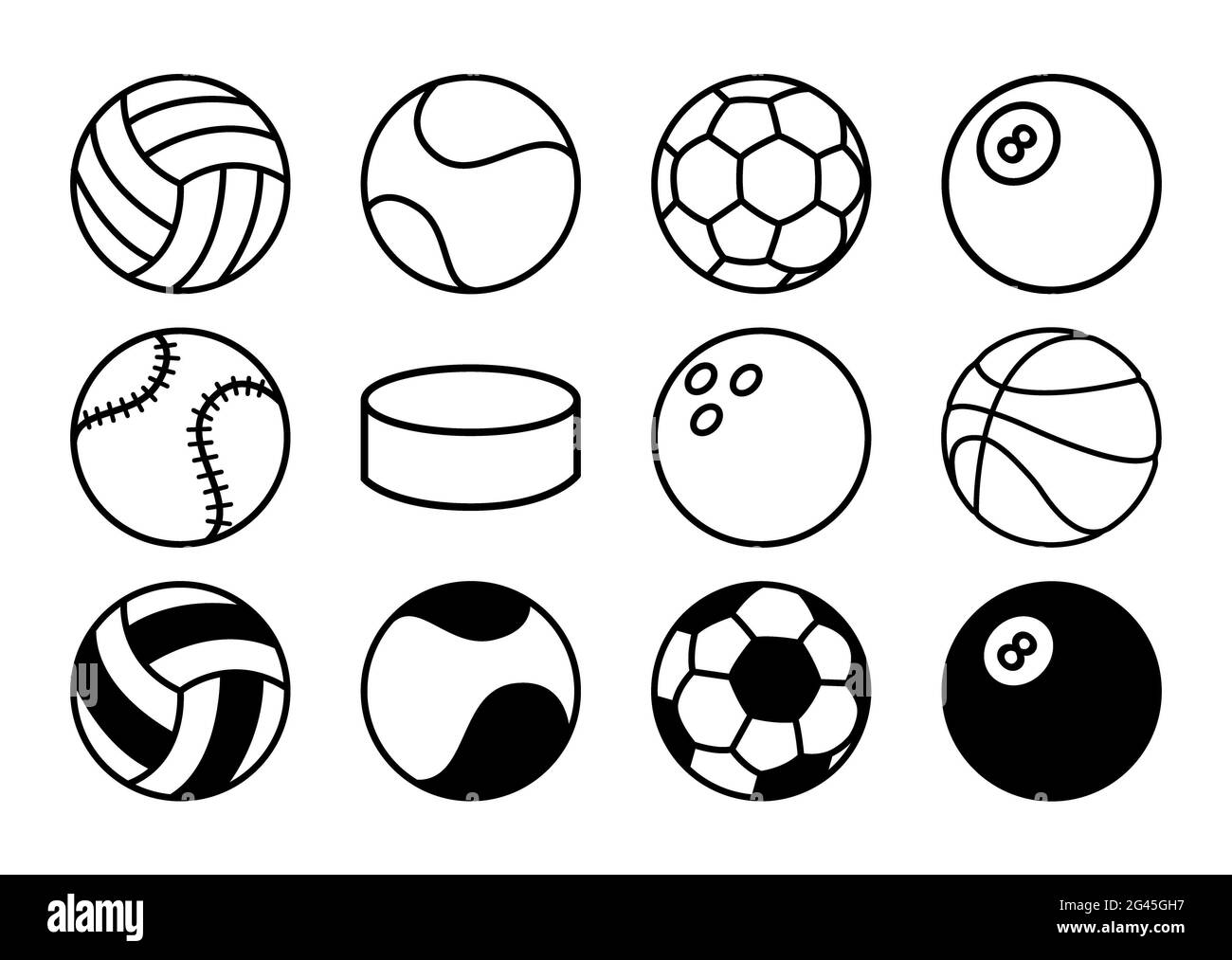 Jeu d'icônes de ballons de sport. Illustration du vecteur à pictogramme plat. Panneau isolé eps10 Banque D'Images