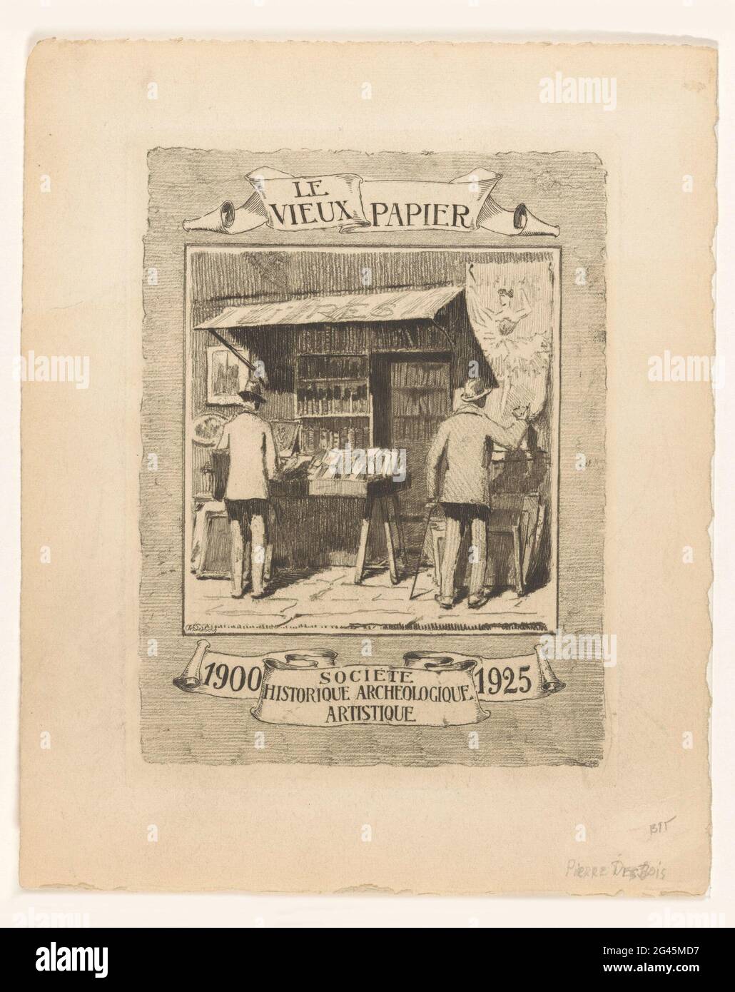 Mémorial en l'honneur du 25e anniversaire du Vieux papier. Deux hommes pour un stand de livre sous un toit, l'un d'eux inspecte une affiche avec un danseur. Une lettre datée du 25 février 1926 a été confirmée au verso de l'imprimé. Cela montre que tous les membres du Vieux papier ont reçu un imprimé et que l'édition a été financée par Paul Radius à Paris. Banque D'Images