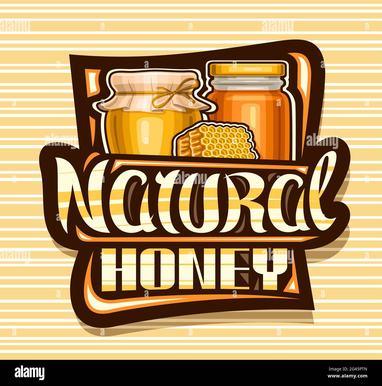 Logo vectoriel pour miel naturel, panneau décoratif noir avec illustration de pot rustique, pot en verre et morceau de nid d'abeille, affiche avec une lette unique Illustration de Vecteur