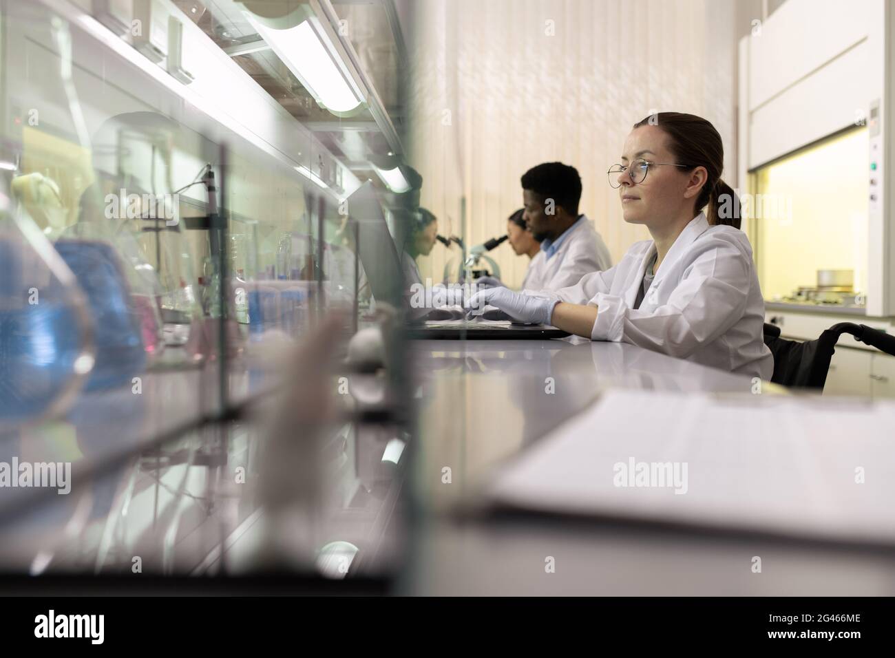 Rangée de jeunes scientifiques interculturels travaillant dans un grand laboratoire de chimie Banque D'Images