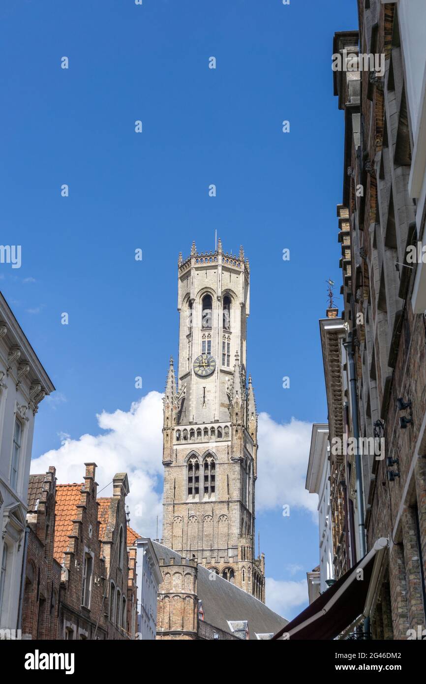 Vue verticale sur le clocher de la cathédrale Saint-Salvator dans le centre-ville de Bruges Banque D'Images