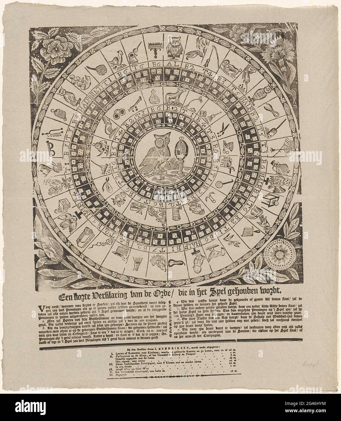 Jeu Owl, env. 1780-1830. Jeu de Owlboard avec un hibou au milieu et au bas  des règles. Selon les règles, une liste des autres jeux de société  disponibles sur cette imprimante. Partie