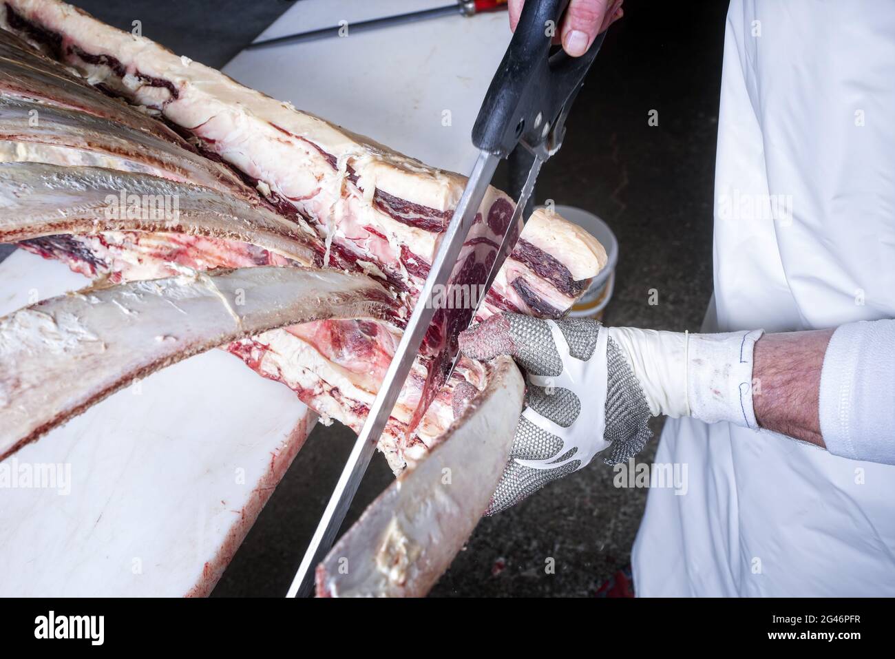 Brut sec agyu tomahawk steak bloc manuellement coupé en gros plan avec une scie à une boucherie Banque D'Images