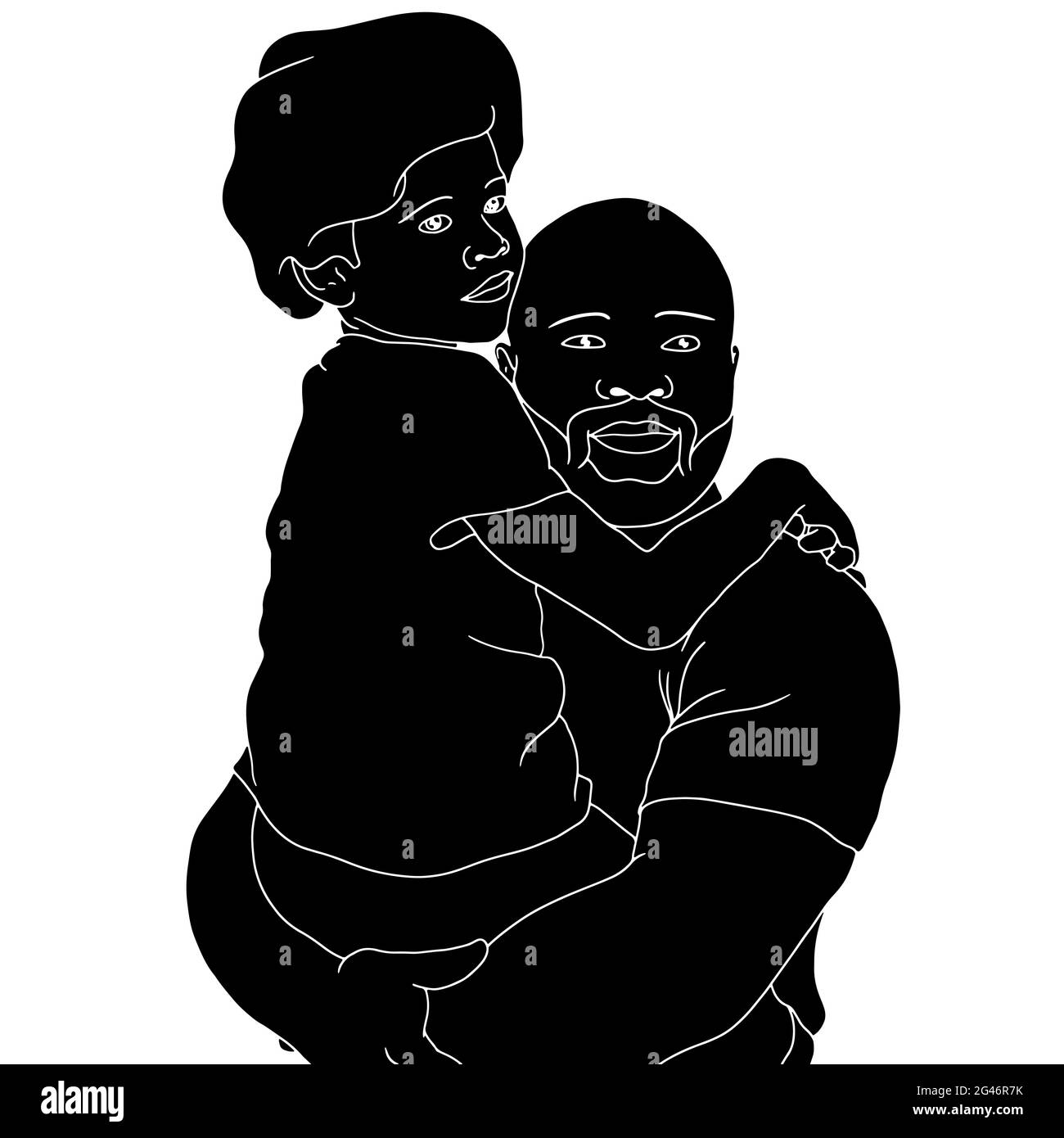 Illustration noire d'un père noir tenant son fils isolé sur un fond blanc Banque D'Images