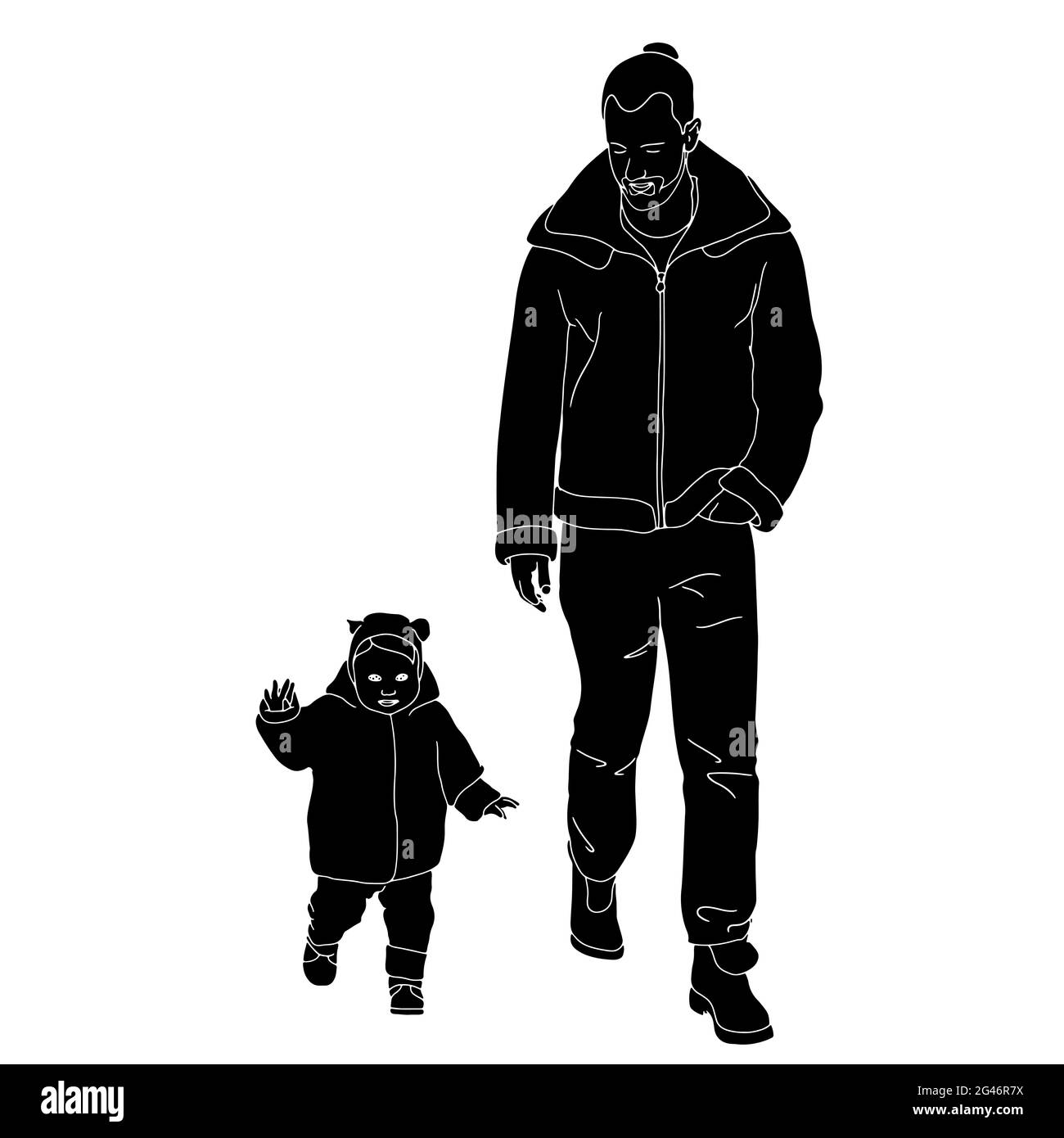Illustration noire d'un père avec son tout-petit isolé sur fond blanc Banque D'Images