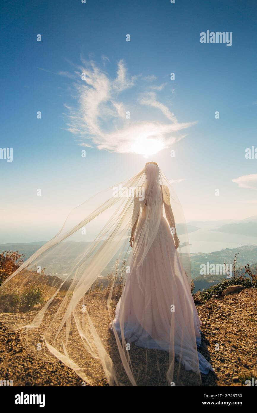 Belle Mariée heureuse à l'extérieur. Voletant de robe de mariage Banque D'Images