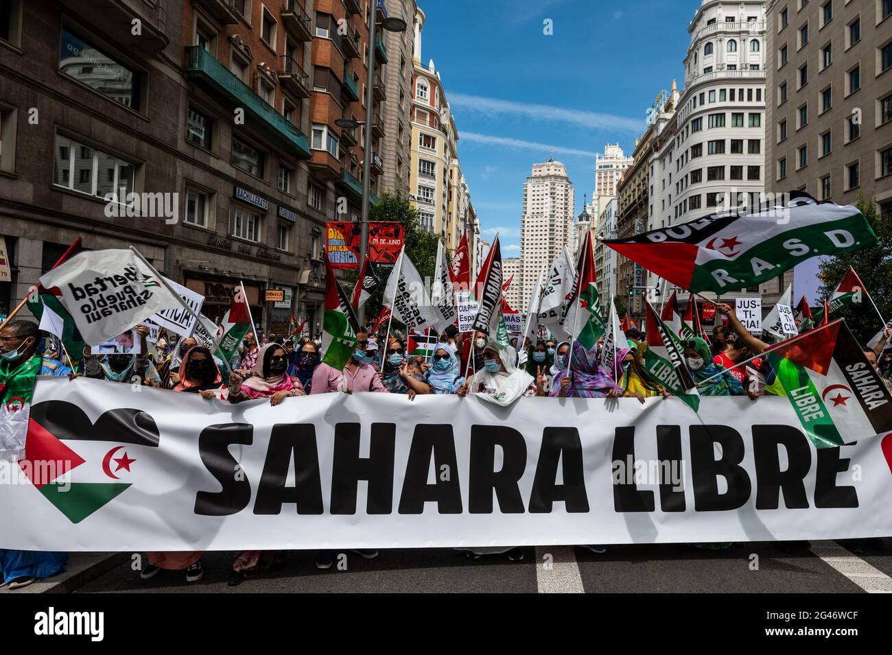 Madrid, Espagne. 19 juin 2021. Des manifestants portant des drapeaux sahraouis lors d'une manifestation où des milliers de personnes protestent pour réclamer la souveraineté du peuple sahraoui sur le Sahara occidental. Les gens ont marché sous le slogan : la marche pour la liberté. La bannière lit: Sahara libre. Credit: Marcos del Mazo/Alay Live News Banque D'Images