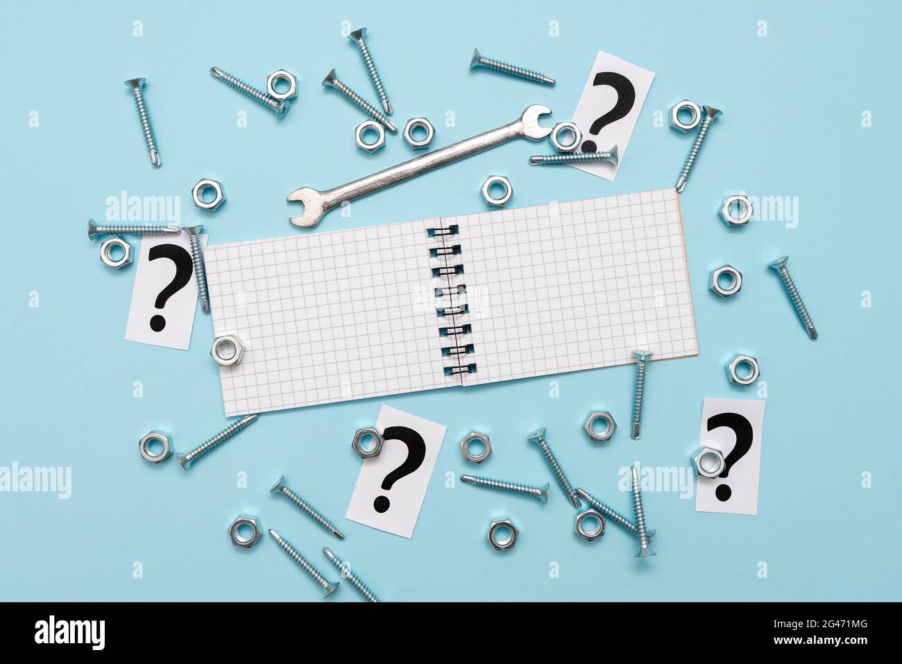 Nouvelles idées, Brainstoming for Maintenance Planning, Repairing Solutions, Construction Project, Creative Thinking Nut and Bolts Pat Banque D'Images