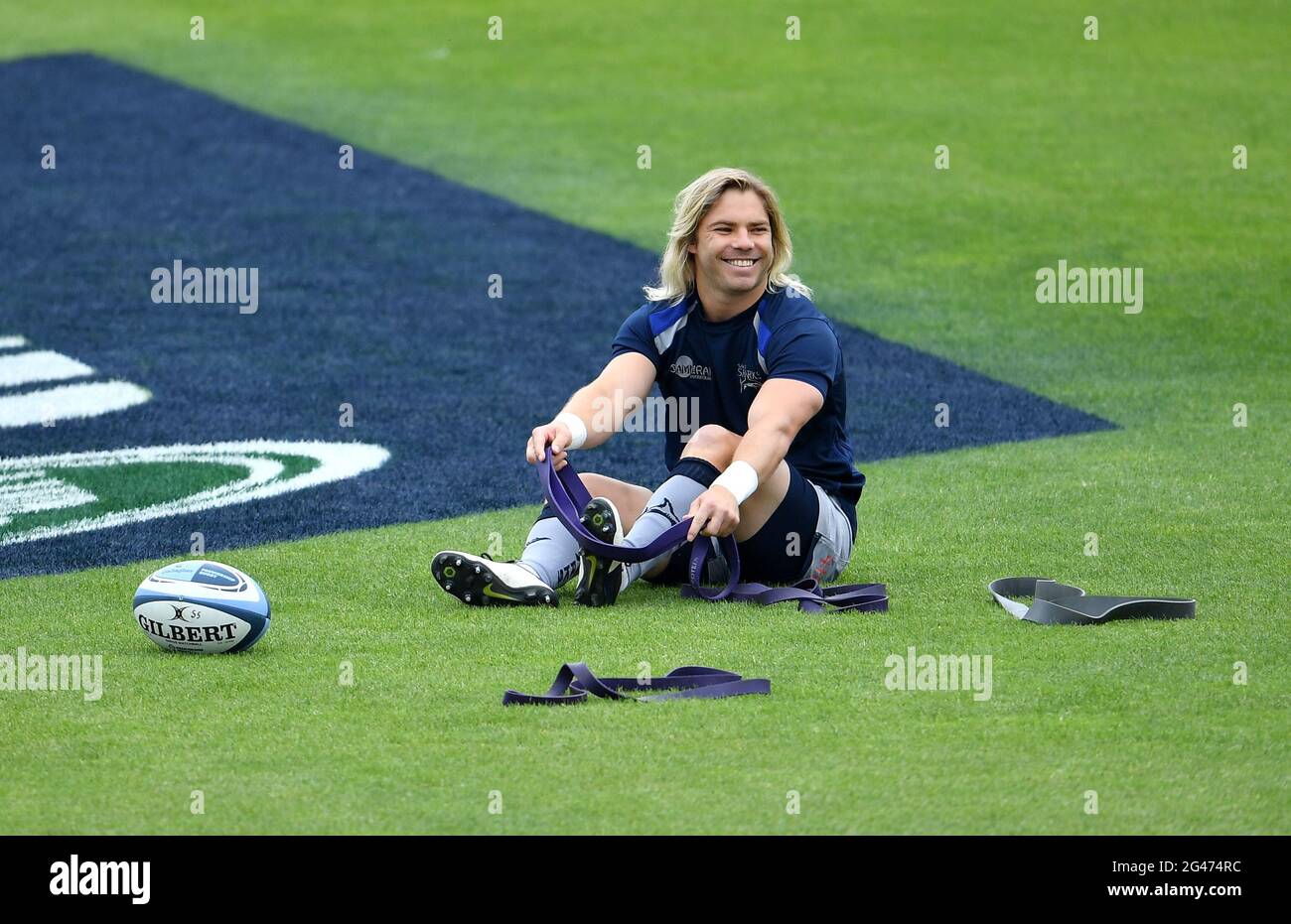 Solde la FAF de Klerk de Sharks s'échauffe avant le match de la demi-finale de la première Gallagher à Sandy Park, Exeter. Date de la photo: Samedi 19 juin 2021. Banque D'Images