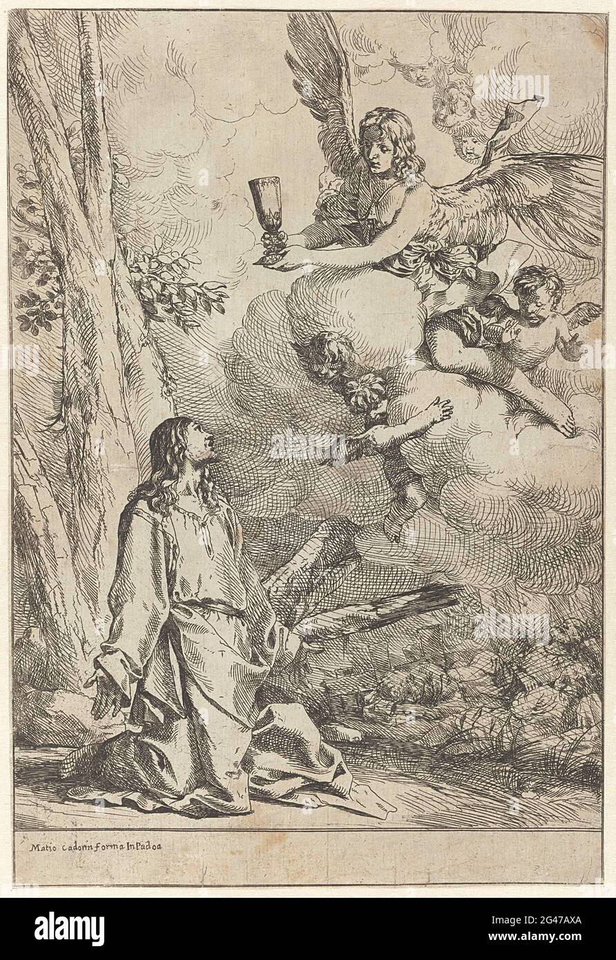 Christ dans la cour de Gethsemane. Le Christ prie Dieu dans la cour de Gethsémané. Dans le ciel nuagé un ange avec un but. Un putti plus petit flottatait autour de l'ange. Banque D'Images