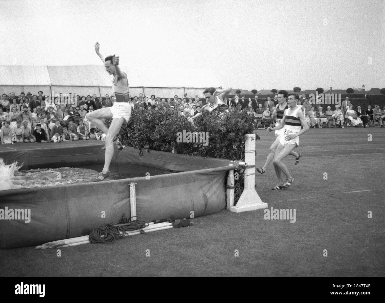 1954, historique, à l'extérieur sur une piste d'herbe, les hommes concurrents s'attaquant à un saut d'eau dans la steeplechase de hommes lors d'une journée de sports de la fonction publique, Angleterre, Royaume-Uni. Banque D'Images