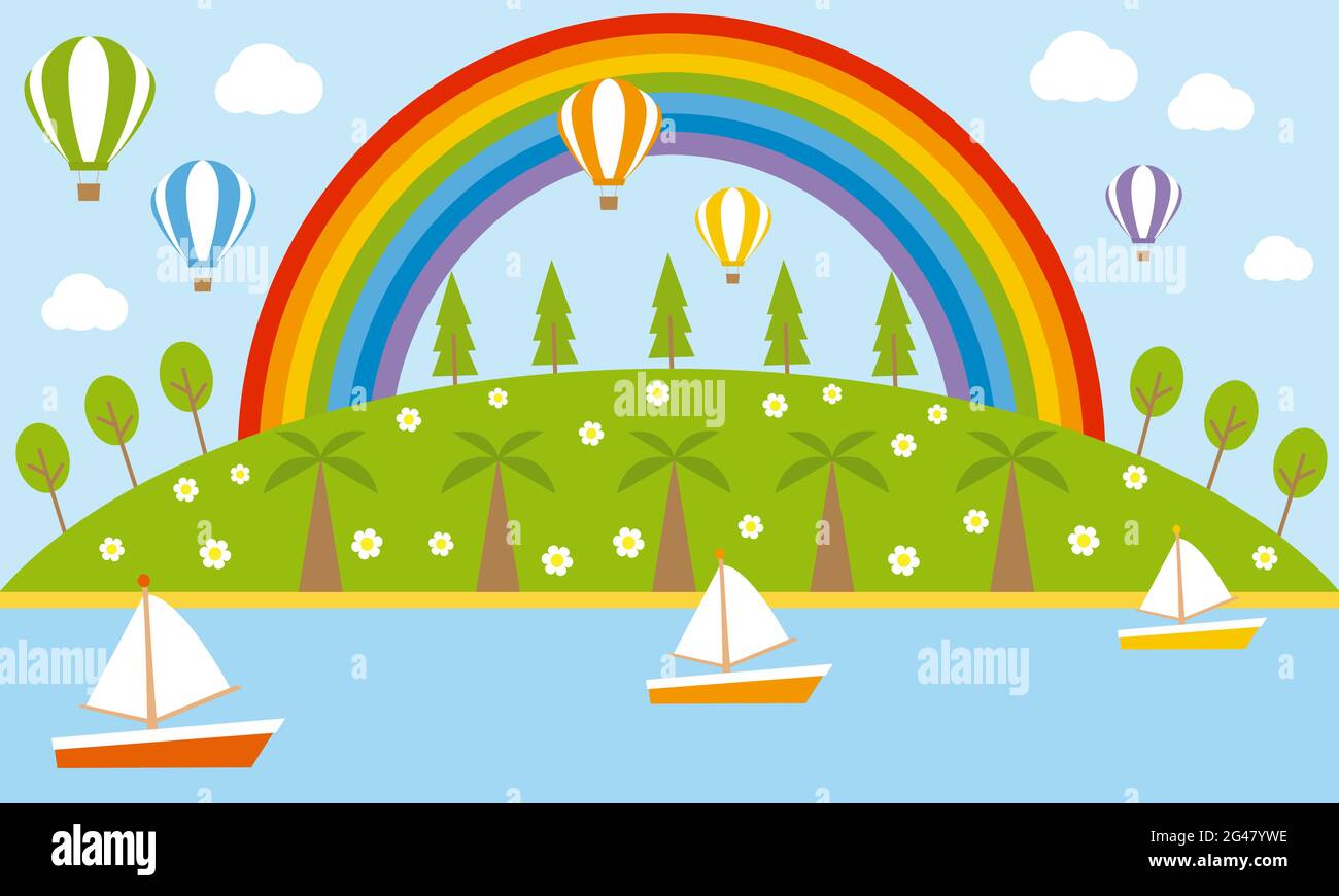 Paysage avec arc-en-ciel, ballons à air chaud, bateaux et arbres. Banque D'Images