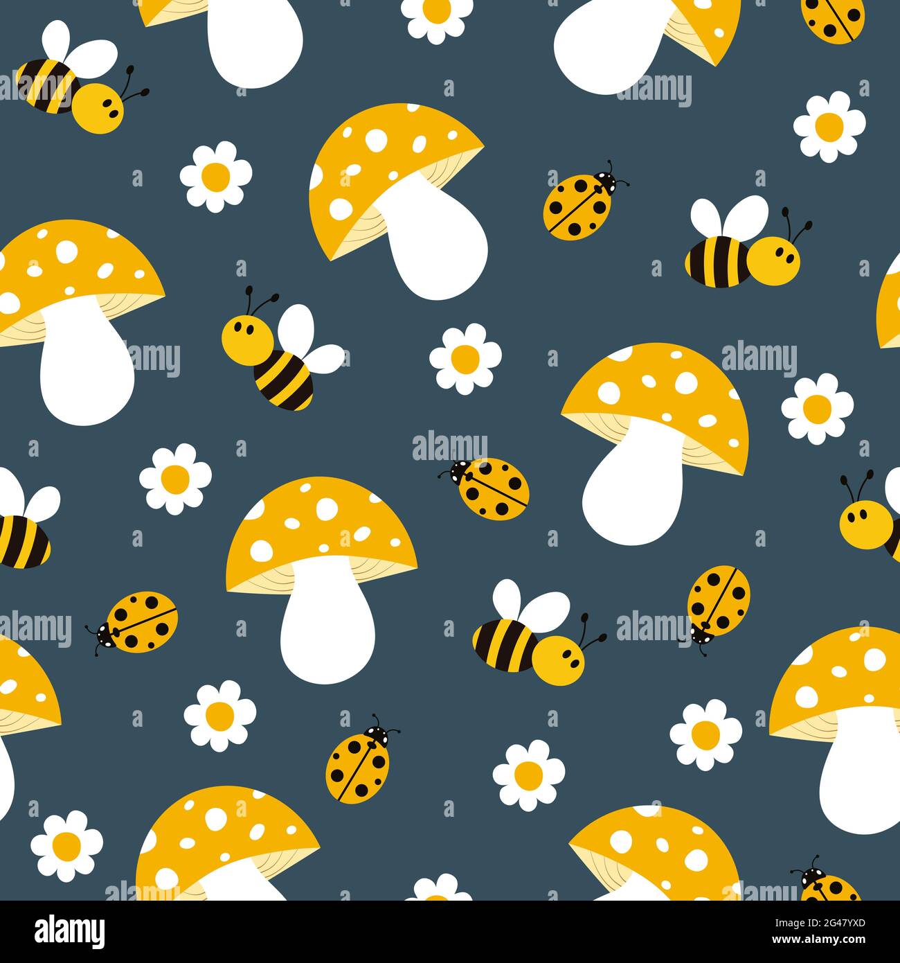 Motif sans couture avec des abeilles, des champignons, des coccinelles et des pâquerettes. Il peut être utilisé pour les papiers peints, l'emballage, les cartes, les motifs pour les vêtements et autres. Banque D'Images