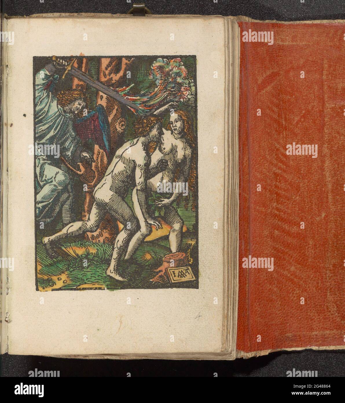 Expulsion du paradis; la petite passion; la passion stupide. Adam et Eve sont chassés du paradis par un ange avec une épée flamboyante. L'impression fait partie d'un livre. Banque D'Images