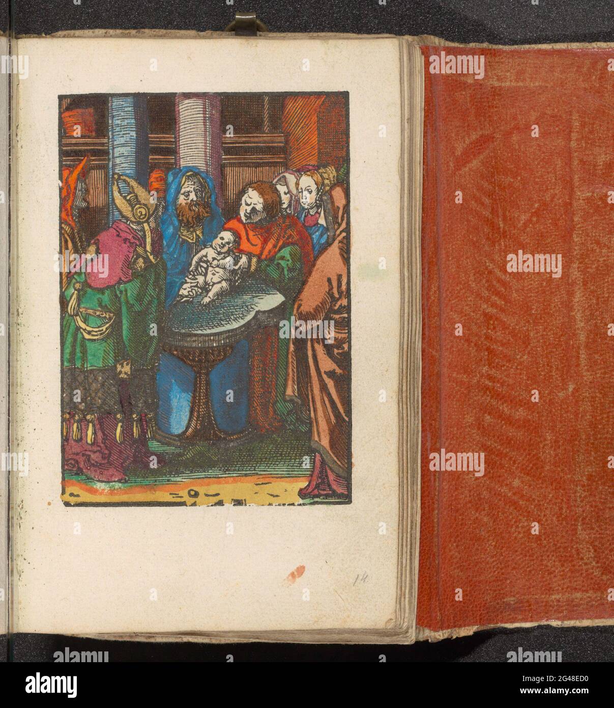 Circoncision du Christ; passion stupide. Christ est circoncis dans le temple par l'intermédiaire d'un prêtre. L'impression fait partie d'un livre. Banque D'Images