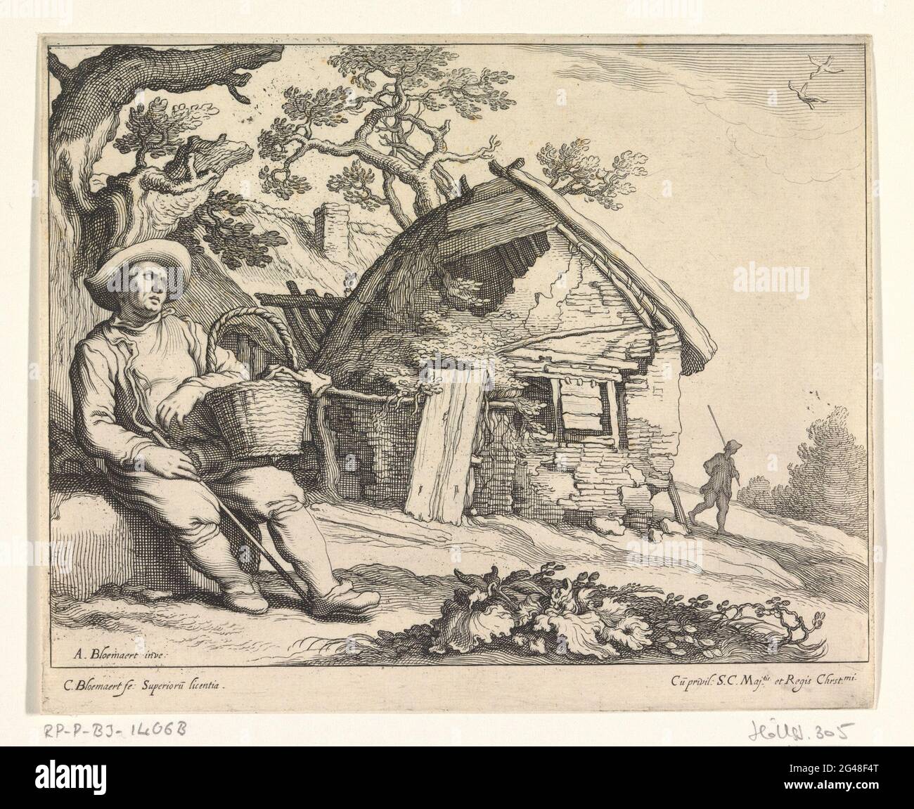 Homme pour une ferme. Un vieil homme est assis avec un panier sur le bras sous un arbre. Une ferme pour le dessin derrière lui. Banque D'Images