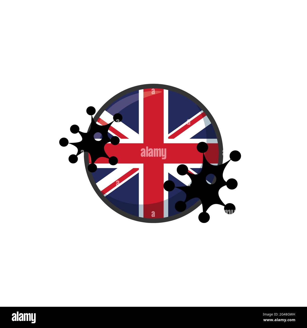 Royaume-Uni frappé par le coronavirus. Covid-19 impact national. Attaque de virus sur le drapeau du Royaume-Uni illustration du concept sur fond blanc Banque D'Images