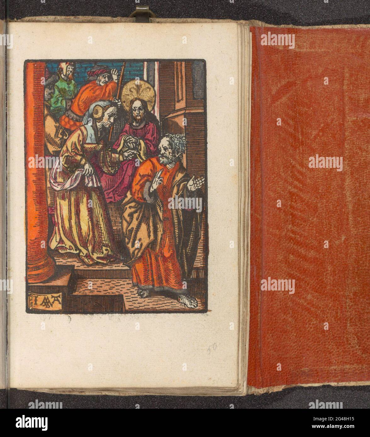 Le déni de Pierre; la petite passion; la passion stupide. Une femme pointe vers Pierre et demande s'il n'appartient pas au Christ. Peter le nie. En arrière-plan, Christ observe avec des mains liées. L'impression fait partie d'un livre. Banque D'Images
